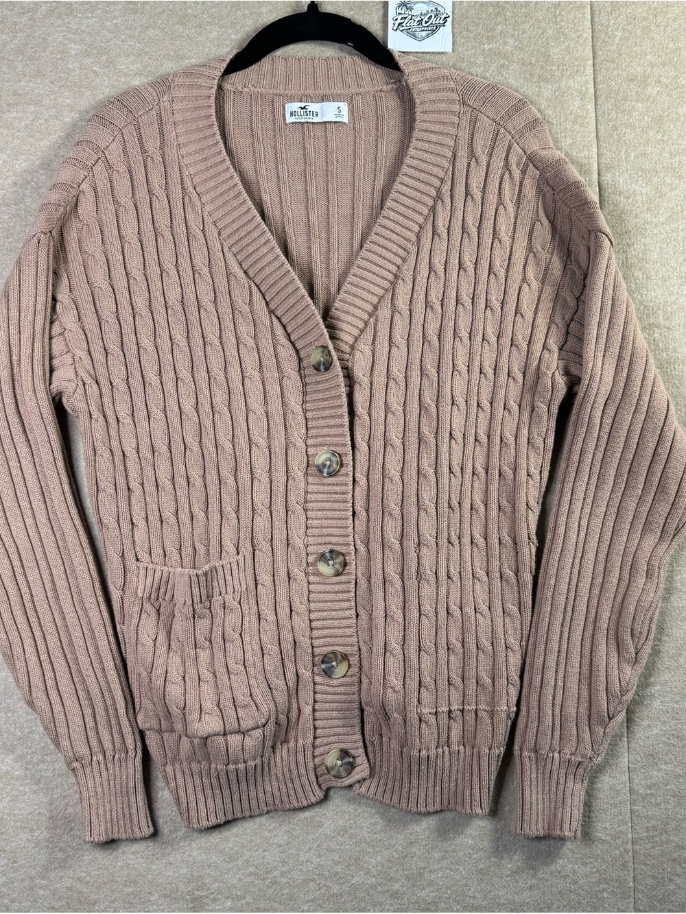 Hollister Women’s Small Taupe Cable Knit Button Cardigan Sweater Pockets